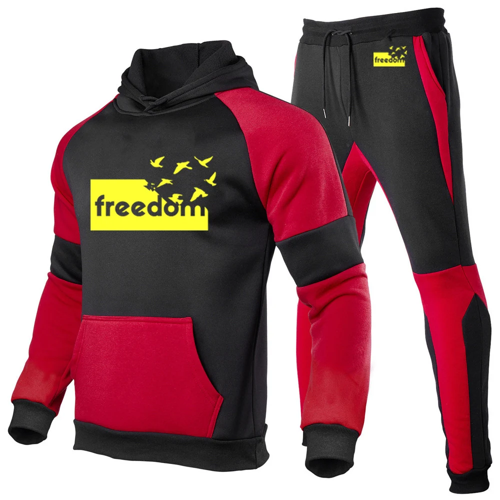 

The Freedom Letter 2025 Men's New Patchwork Suit Spring And Autumn Warm Comfortable Casual Hoodie+Sports Pants Harajuku Sets