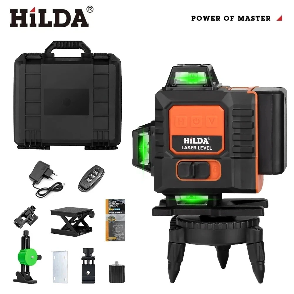 Hilda-nível laser verde 4d 16 linhas com bateria, auto-nivelamento, 360 níveis, cruz horizontal e vertical, super poderoso