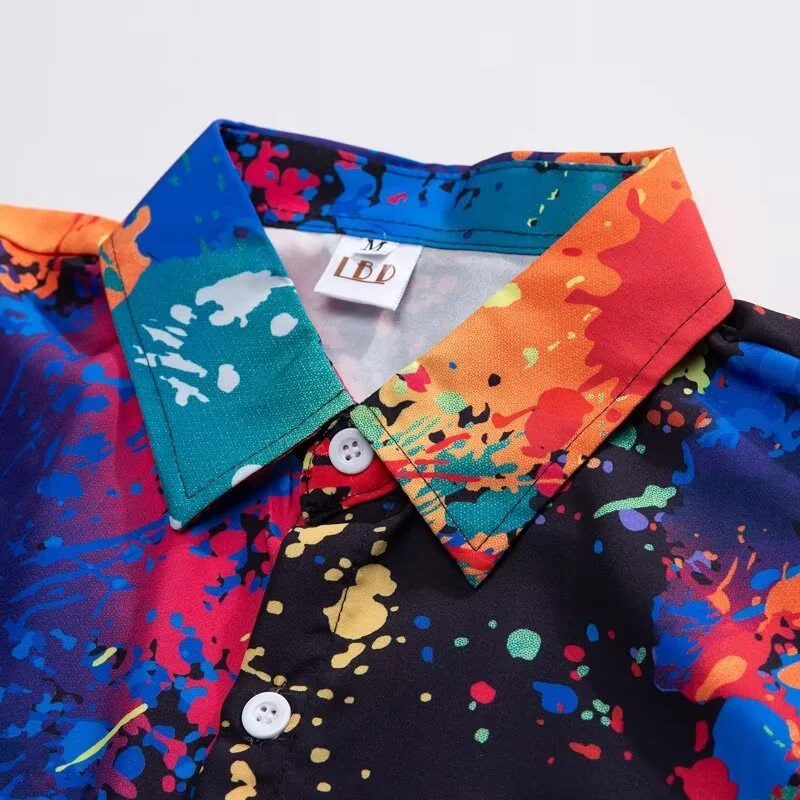 Fashion Mens Clothing Cool Splash-ink Print Tops Summer New Man Oversized Casual Short Sleeve Anime Loose Blouse Hawaiian Shirt