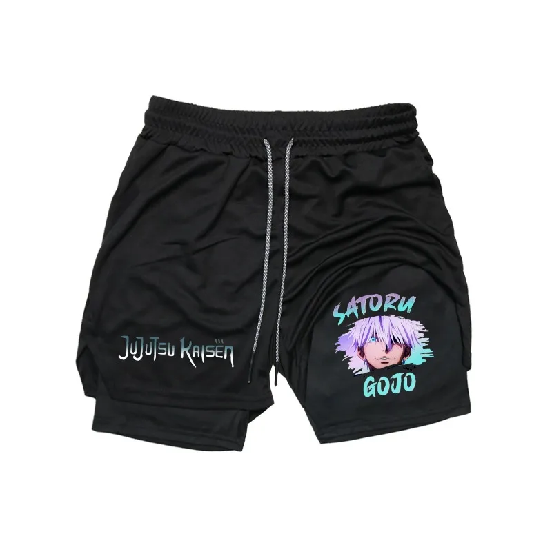 Anime Satoru Gojo 2in1 Sommer-Gymnastik-Workout-Shorts für Herren, schnell trocknend, dehnbar, athletische Kompressionsshorts, Fitness, Laufen, Joggen