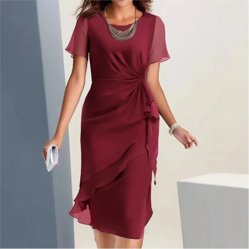 

Elegance Fashion Womens Summer Dress Chiffon Solid Color Round Neck Short Sleeve Irregular Falbala Medium Length Dress Commuting