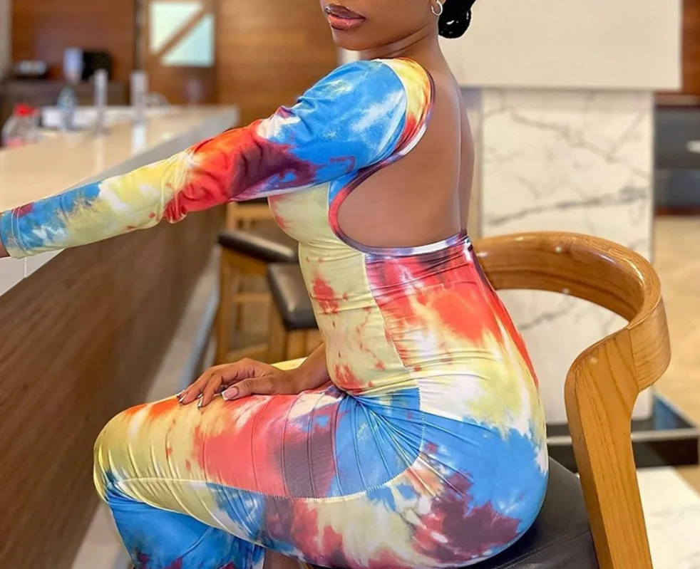

Women Dresses 2026 Spring Autumn New Fashion Tie-Dye Printing Round Neck Long Sleeved Backless Slim Fit Hip Hugging Long Dress