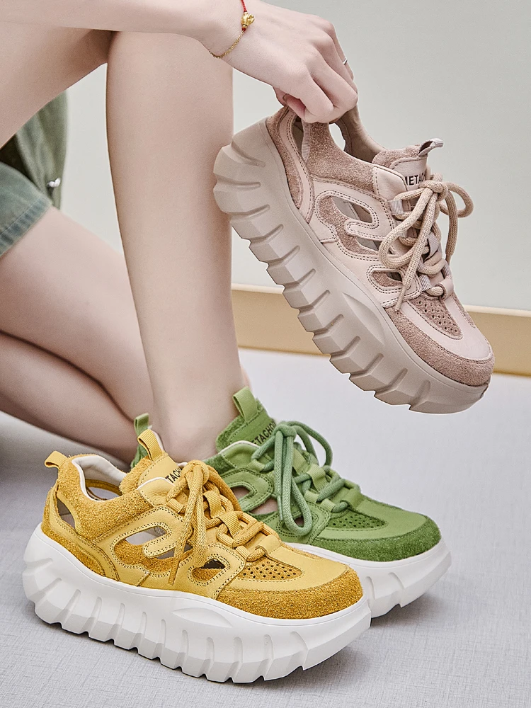 Matte Craft Dad Shoes Summer Hollow out Breathable American Trendy Leather Comfortable Women's Sports Casual Shoes