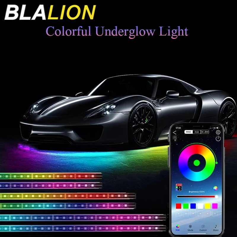 BLALION 12V Car Charssis Light Underglow Light App Control Flowing Color RGB LED Strips Car Underbody Neon Light Atmosphere Lamp