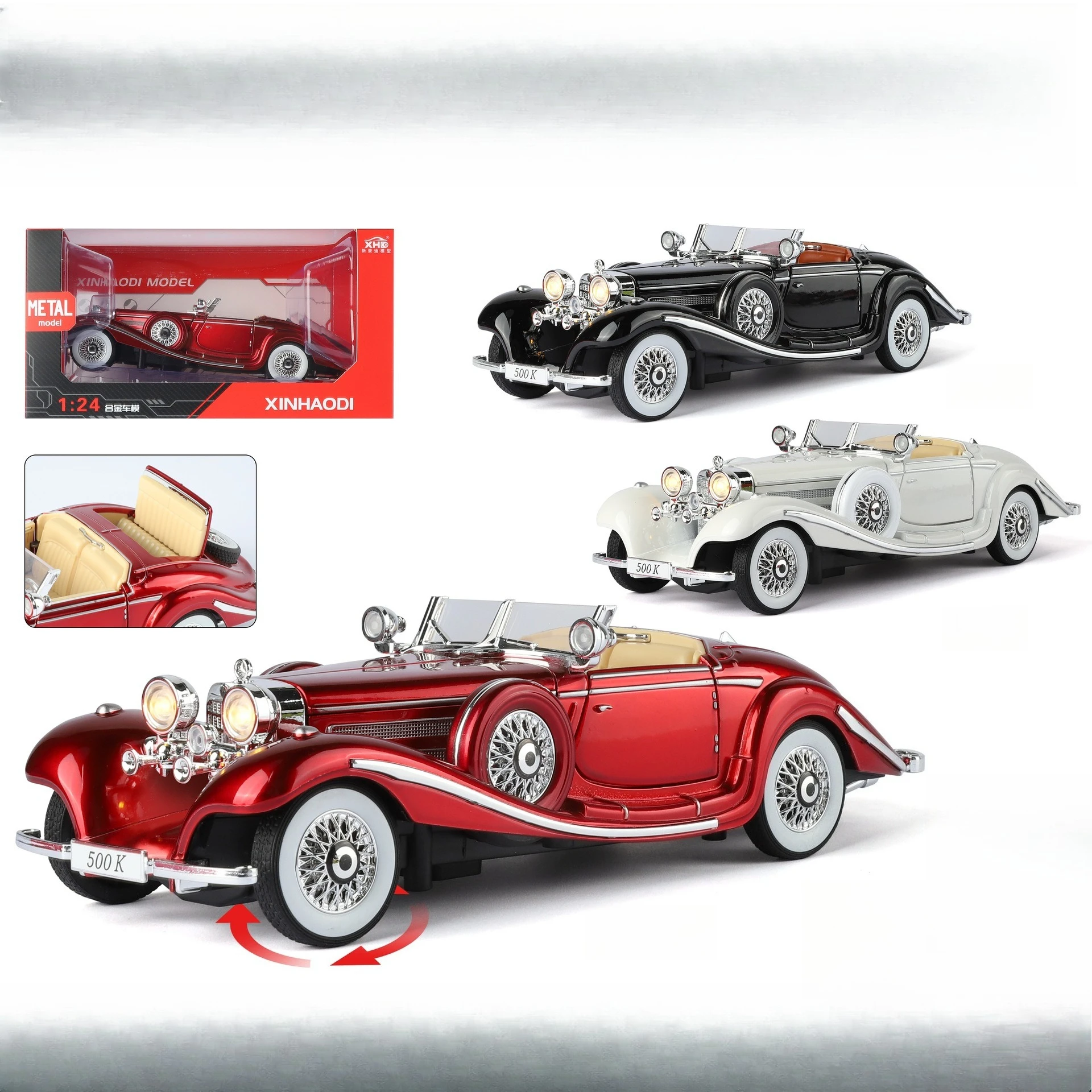 

New Haodi 1:24 Daben 500K Classic Car Convertible Sports Car Model Sound and Light Pull Back Multi-door Toy