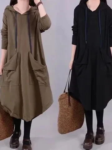 

Spring Autumn 2026 plus Size Korean Sle Loose Hooded Dr Faionable Large ket Color Dr Commute Sle Polyest...