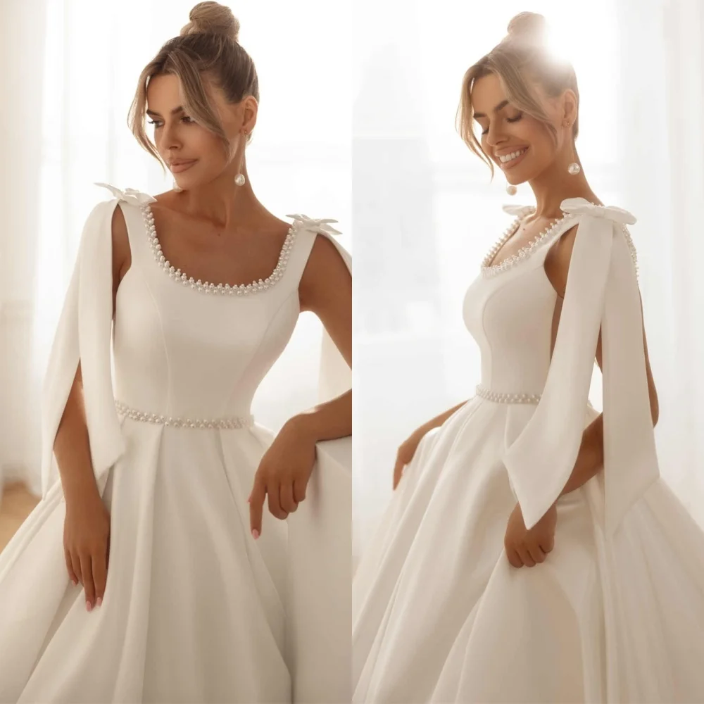 

Customized Classic Satin Wedding Dresses Dreamy Strapless Bow Sleeveless Heavy Industry Wedding Dresses Pearls Party Gowns