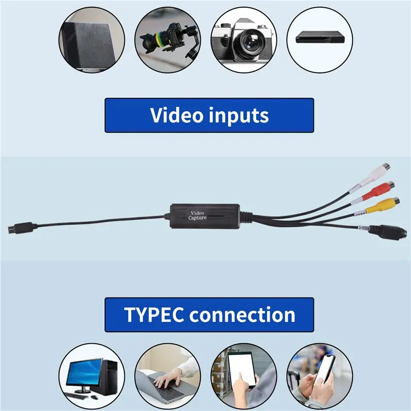 1 Piece RCA AV To USB C Converter Video Capture Card Adapter AV NTSC PAL Video S Video/Composite To USB Converter