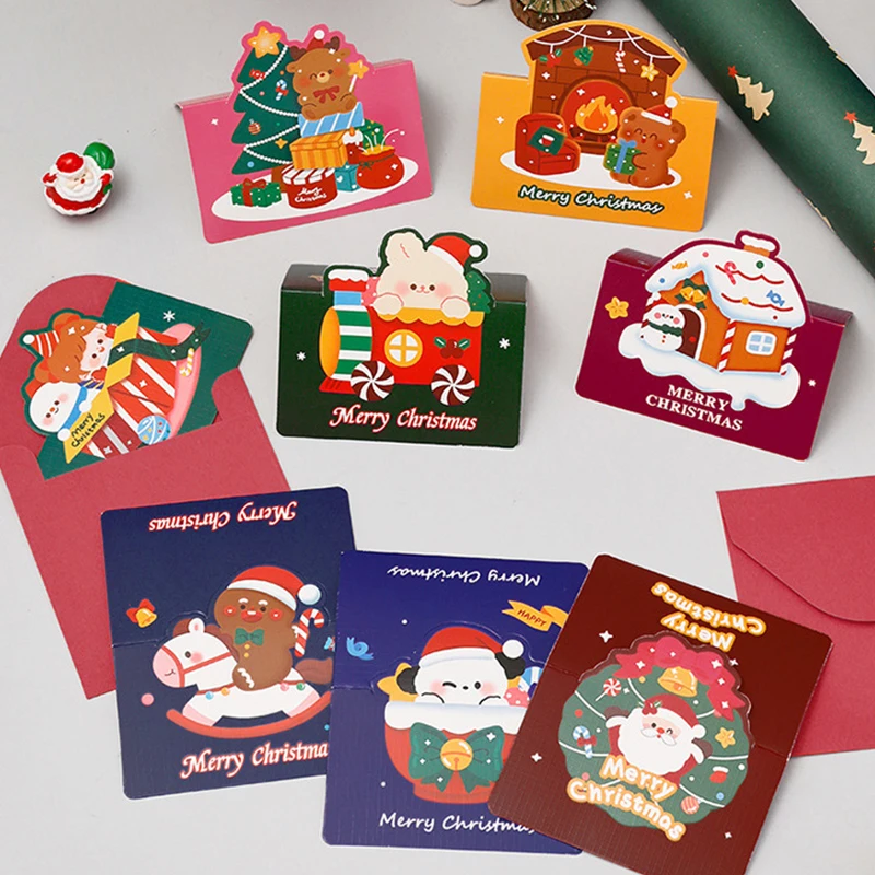 귀여운 3D 접이식 크리스마스 테마 인사 카드, 귀여운 축복 봉투, 쓰기 용지, DIY 휴일 선물 메시지 카드, 5 개/세트