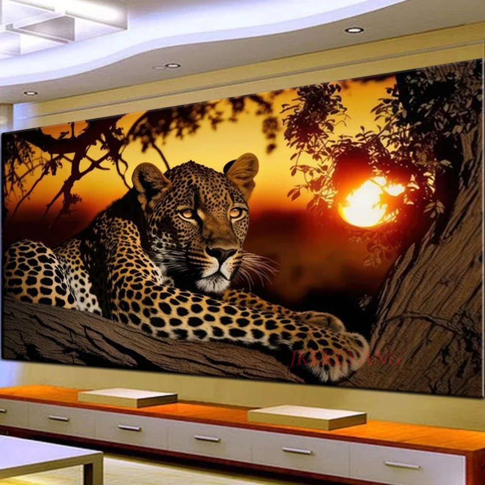 

5D Алмазная картина Леопард под закатом Картина Полные дрели Алмазная мозаика со стразами Изображение Вышивка