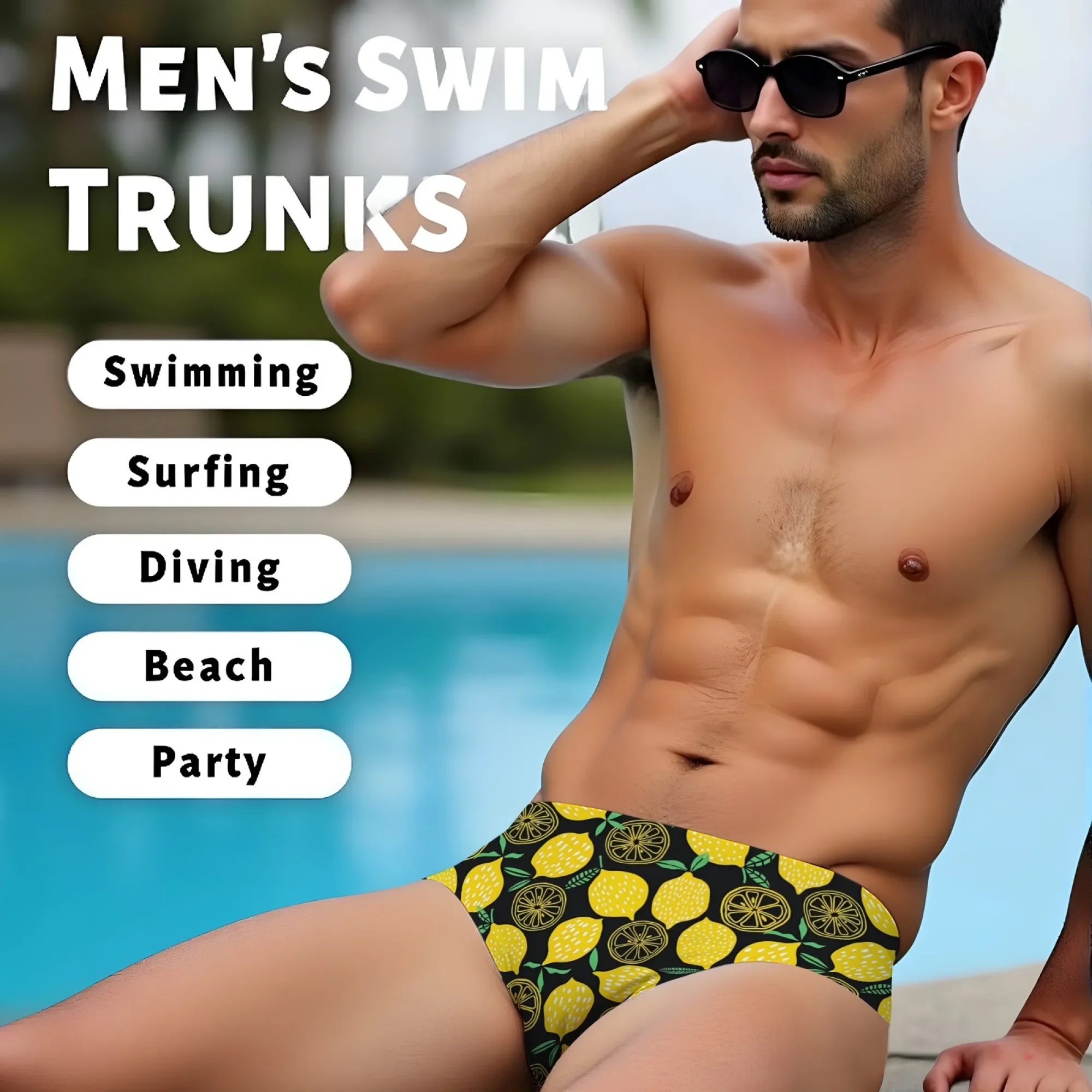 Men's swimming trunks lemon fruit fun print lightweight breathable sexy men's briefs suitable for pool party beach gifts