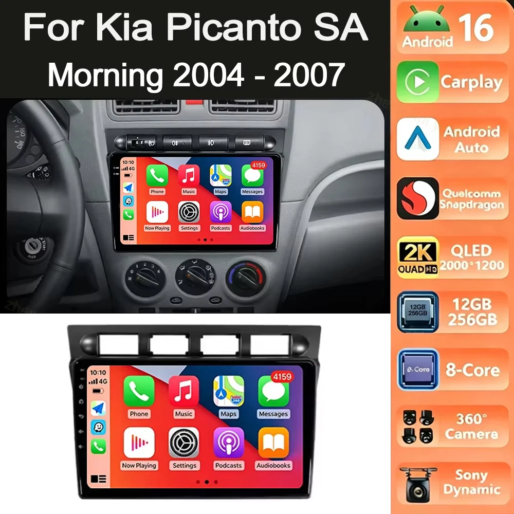 Android 16 Carplay&Auto Autoradio Navigation Multimedia Stereo Player QLED GPS Für Kia Picanto SA Morning 2004 2005 2006 2007