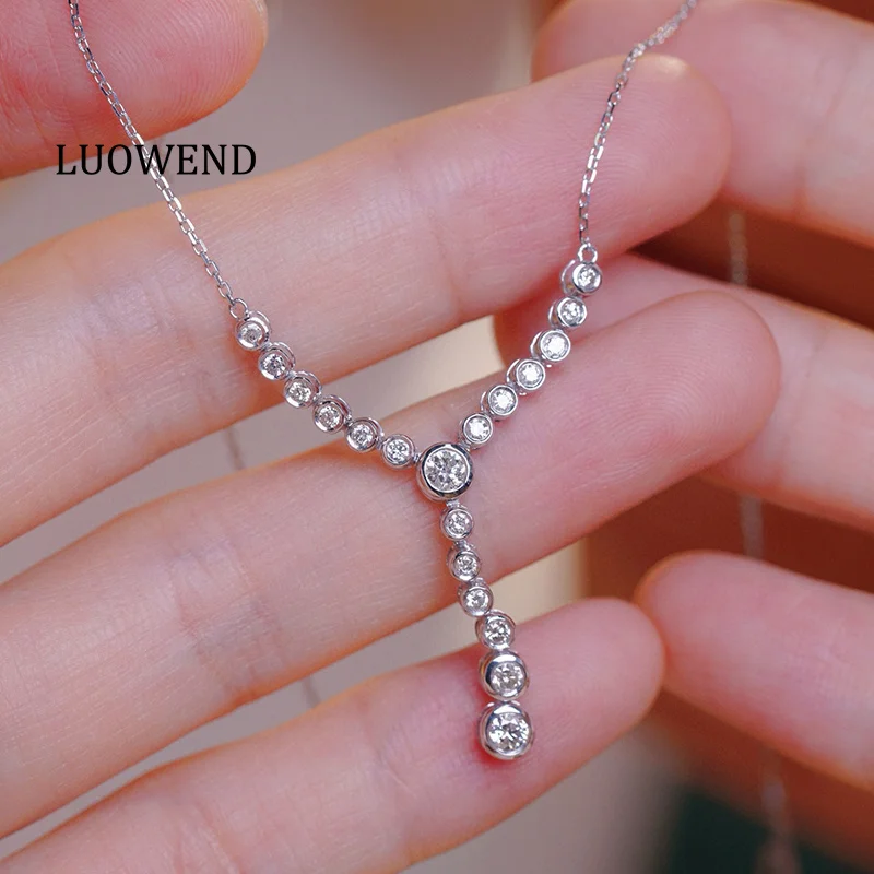 

LUOWEND 100% 18K White Gold Necklace Fashion Y-Shape Design 0.50carat Real Natural Diamond Pendant Necklace High Women's Jewelry
