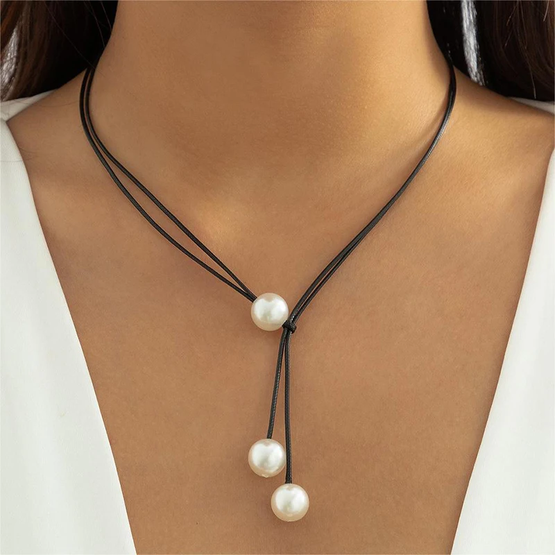 Vintage Fashion Rope Chain Necklace Women Fashion Statement Handmade Imitation Pearl Pendant Adjustable Neck Jewelry Gift