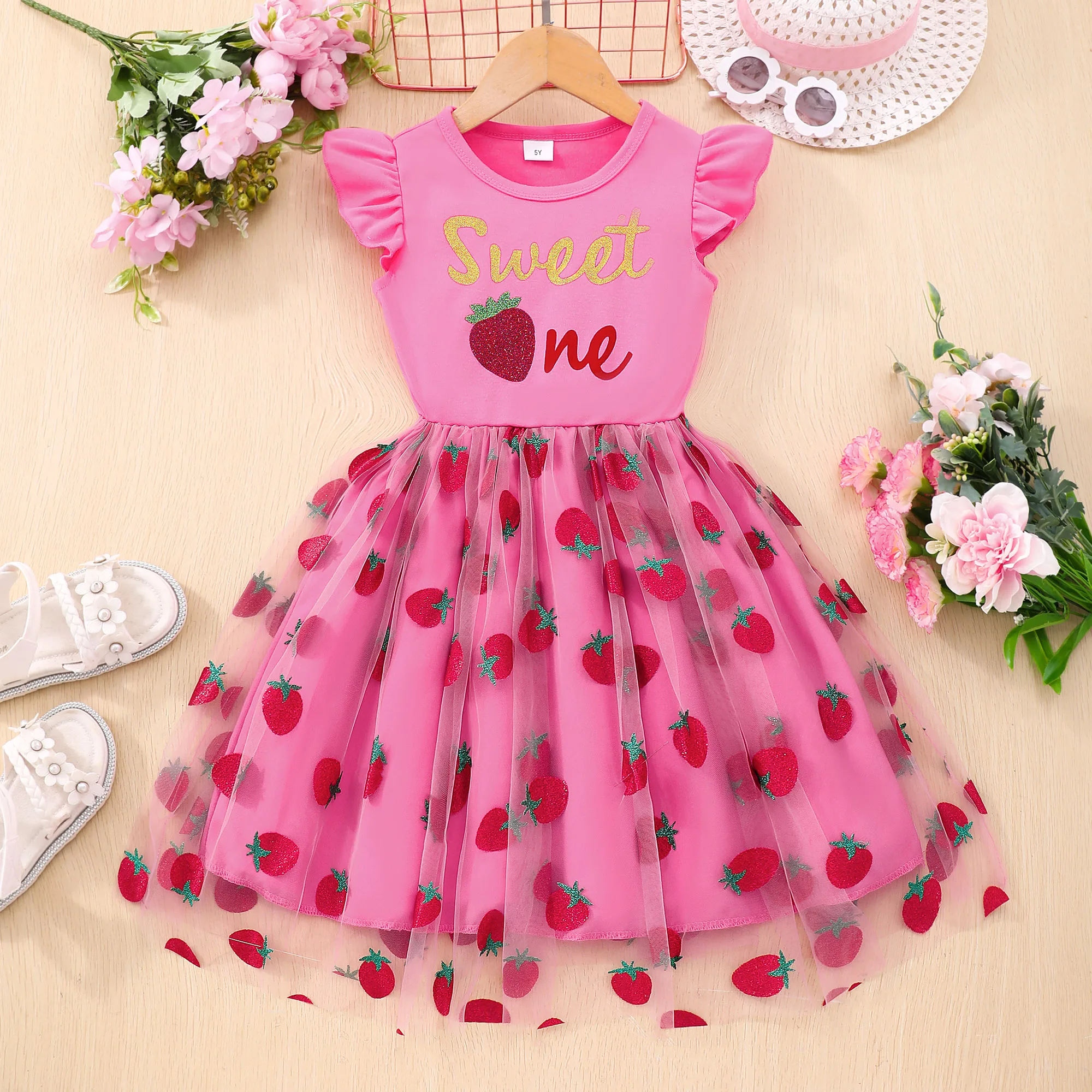 New Dress Kids Girls Clothes Summer Short Sleeve Strawberry Bilayer Children Dress Fashion Casual Cute Girls Clothing for Kids