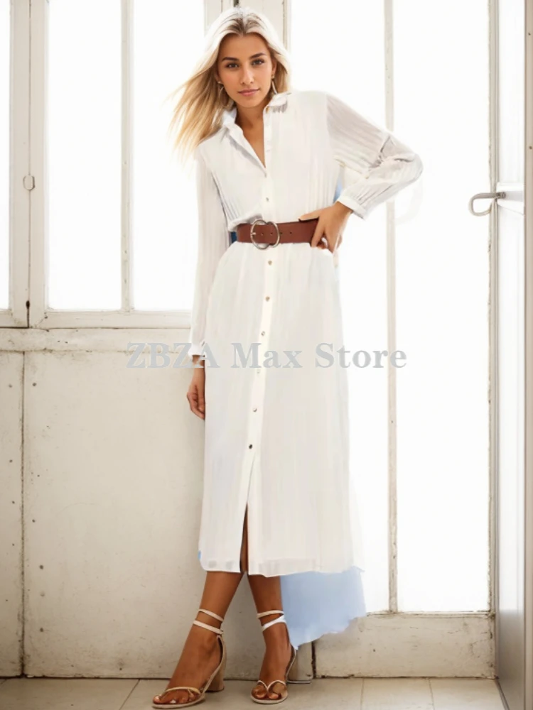 Summer Pleated Midi Dress with Belt Women\'s Solid Lapel Long Sleeves Elastic Waist with Lining Shirt Skirt New Female Chic Dress