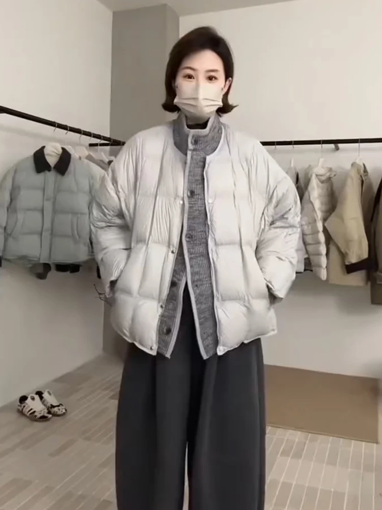 

Корейский стиль: вязаная куртка-пуховик с эффектом двухслойности, женская зимняя новинка, с квадратным узором, пушистая, из белого утиного пуха, универсальное пальто