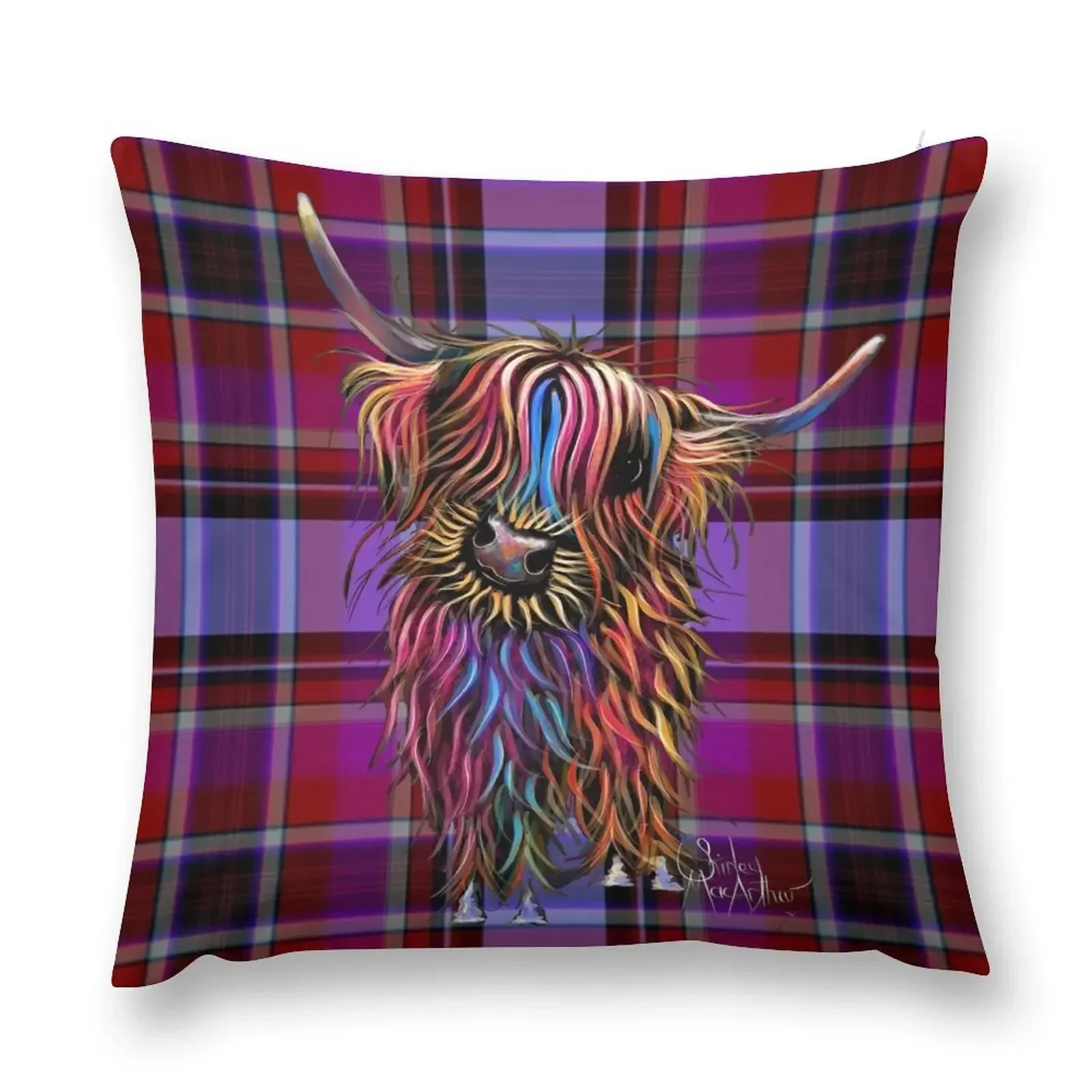 SCoTTiSH HiGHLaND CoW ' TaRTaN SuNFLoWeR ' by SHiRLeY MacARTHuR Throw Pillow Custom Cushion pillow