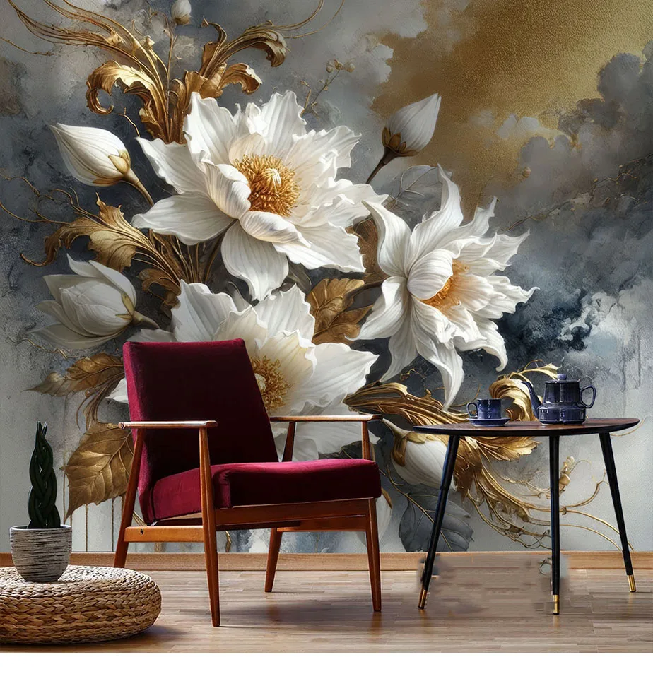 

Chinese style art lotus flowers living room TV background wall neoclassical 3D mural customized wall covering for the entra