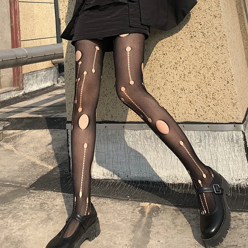 Pantyhose Hitam Lubang Robek Tertekan Retro Wanita Seksi Stoking Ketat Sutra Jaring Jala Berongga Baru Lingerie Seksi Jala