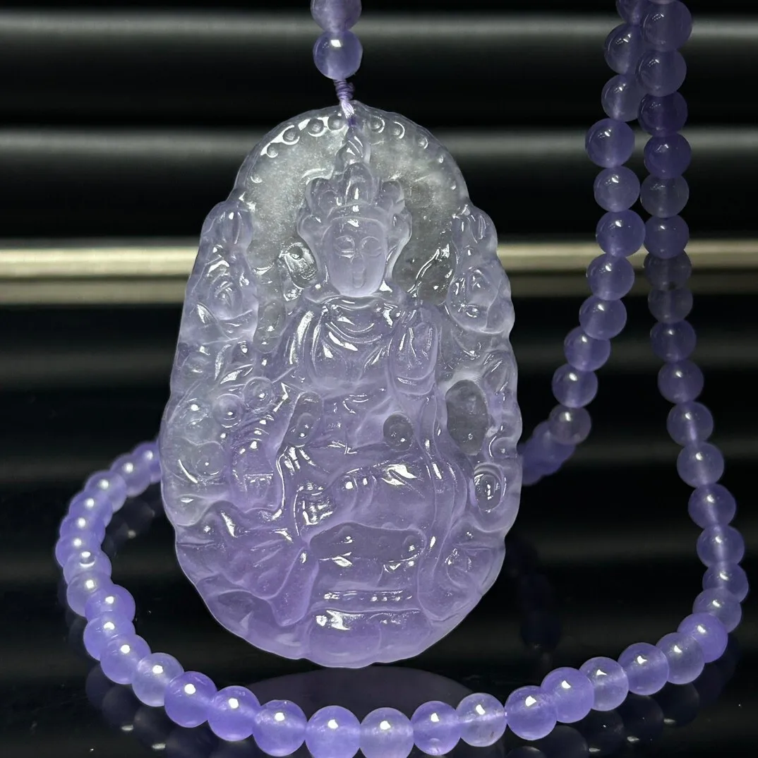 Certified Natural Lavender jade Jadeite Carved Avalokitesvara Pendant&Necklaces