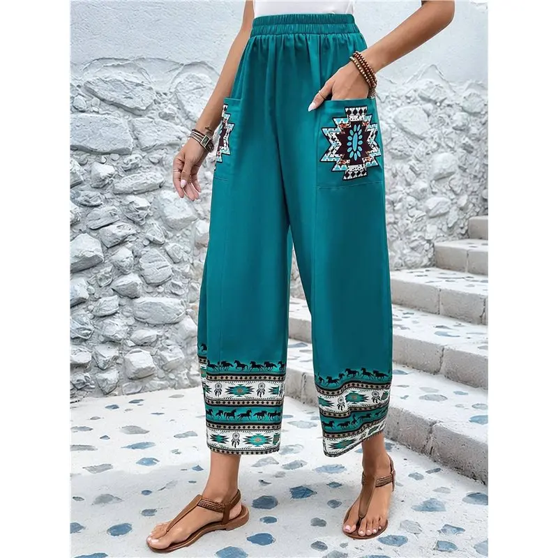 NEW-Women's High Waisted Wide Leg Pants Print Fringe Elastic Waist Casual Summer Trousers