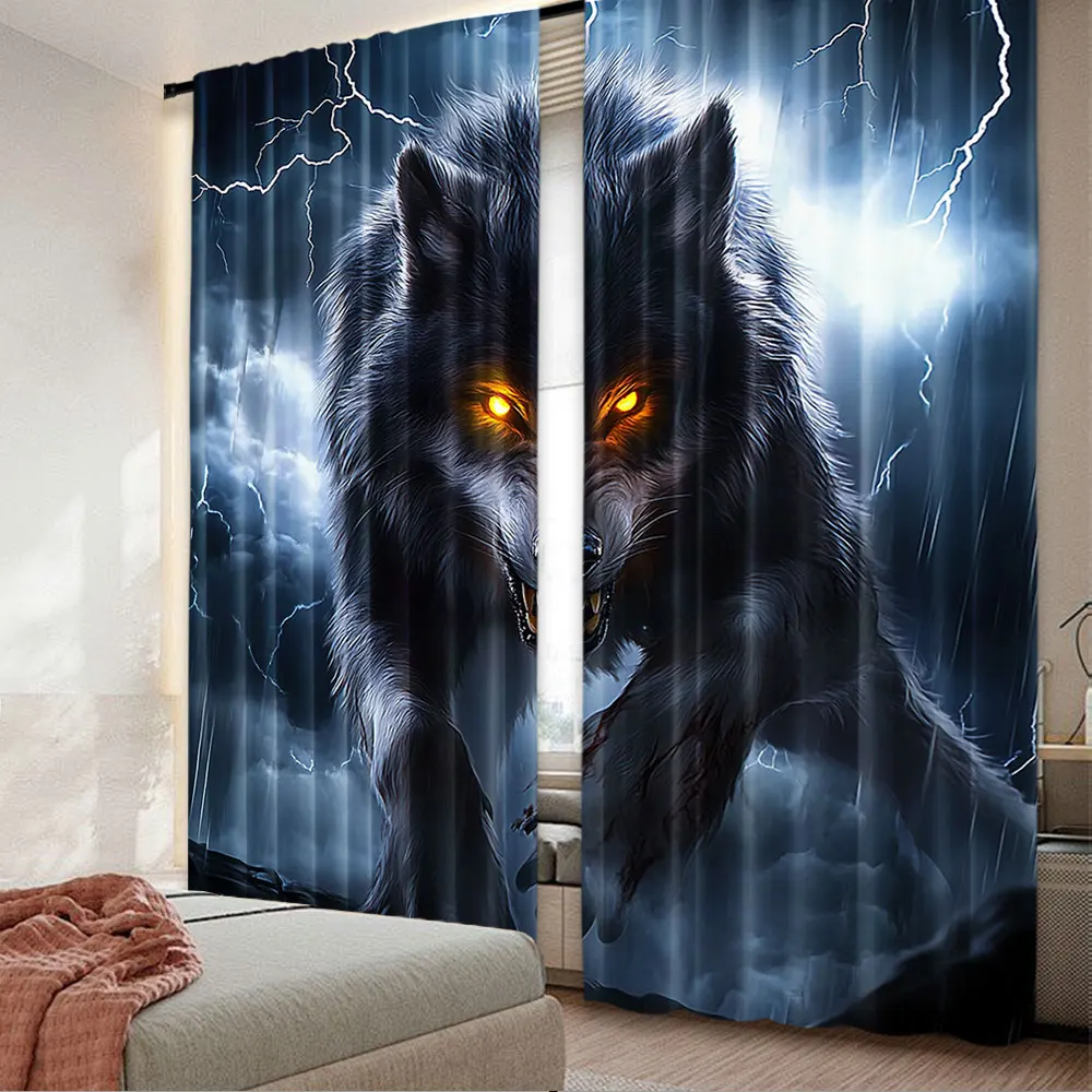 2Pcs Wolf Curtain Animal Ferocious Wolf Thunderstorm Weather Gothic Wildlife For Bedroom Living Room And Dining Room A