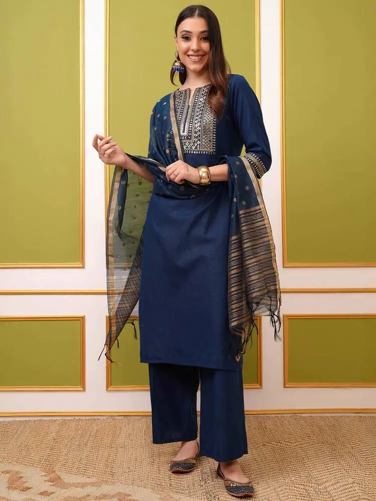 Indian Women's Clothing Nepal Unique New Blue Indian-Pakistani Style Round Neck Cotton Blend Embroidered Spring Summer Set