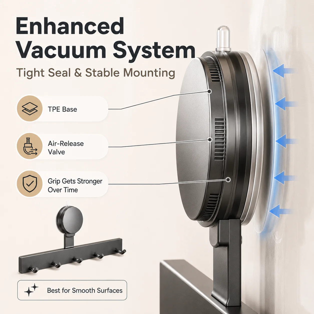 Suction Cup Wall Hook Rack No Drilling ABS Waterproof 3/5 Hooks for Kitchen Bathroom Towel Utensil Storage image 3