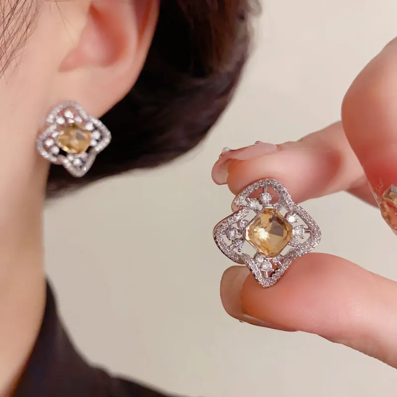 Full diamond hollow rhombus earrings personalized exquisite light luxury versatile super flash earrings