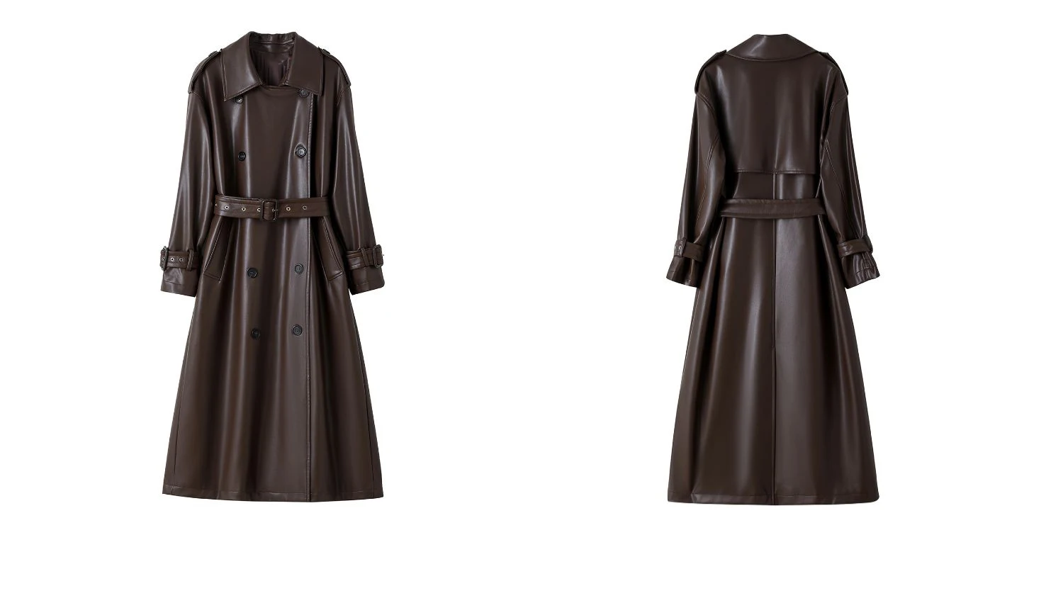 Lautaro Spring Autumn Long Loose Brown Pu Leather Trench Coat for Women Belt Double Breasted American and European Fashion 2023
