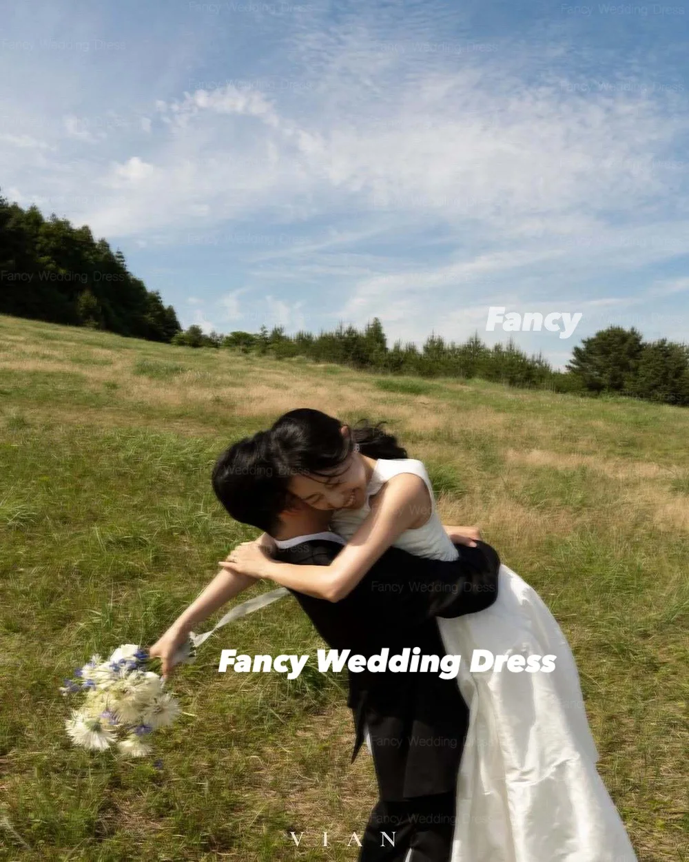Fancy Elegant O Neck Wedding Dress Korea Garden Photoshoot A Line Taffeta Evening Dresses Sleeveless 웨딩드레스 Customized