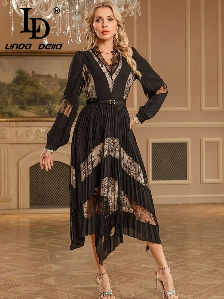 

Новое женское платье LD LINDA DELLA Весна/Лето 2025 с V-образным вырезом, длинными рукавами, кружевными вставками, черное, асимметричное, свободного кроя + изысканный пояс