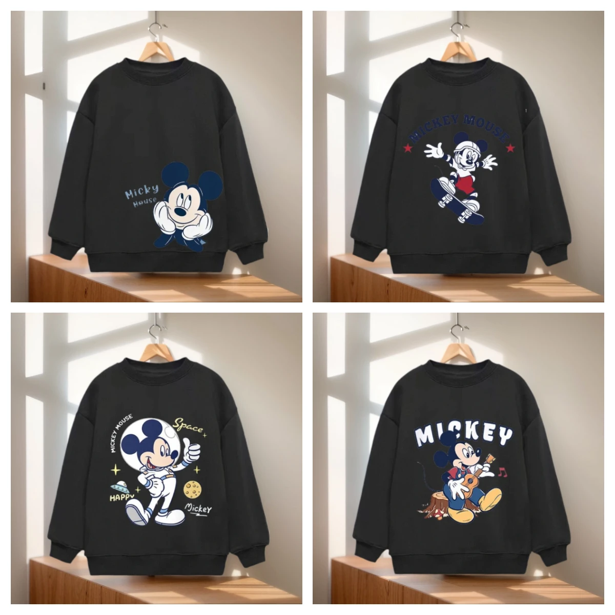 

2025 Must Rock Kids' Fashion Disney Black Design Sweatshirts Mickey's Action packed Prints Skate Space Music Long Sleeve