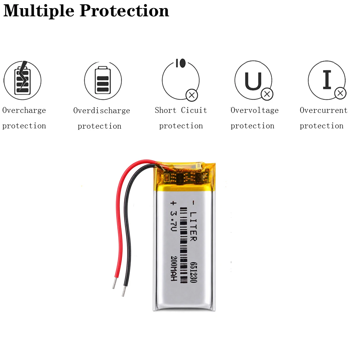 Polymer-Lithium-Batterie 651230 3,7 V 200 mAh kann individuell angepasst werden Großhandel CE FCC ROHS MSDS Qualitätszertifizierung