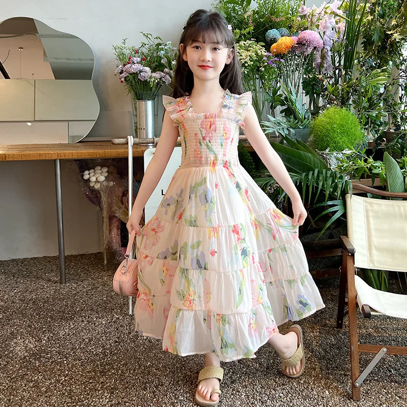 Girls Dress 2024 Summer New Childrens Clothes Western Holiday Style Beach Strap Floral Princess Dress Casual Simple Daily image 4
