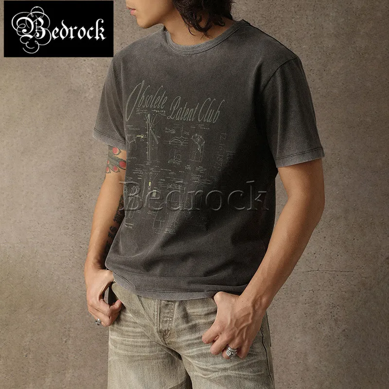 Mbbcar Vintage Washed Heavyweight Cotton T-Shirt Men Women 245g 32S Double Yarn Geometric Pattern Short Sleeve Retro Tee