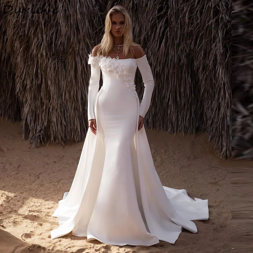 Duricve Customized Satin Mermaid Wedding Dresses with Removable Train Off the Shoulder 3D Flowers Long Sleeves Beach Bridal Gown