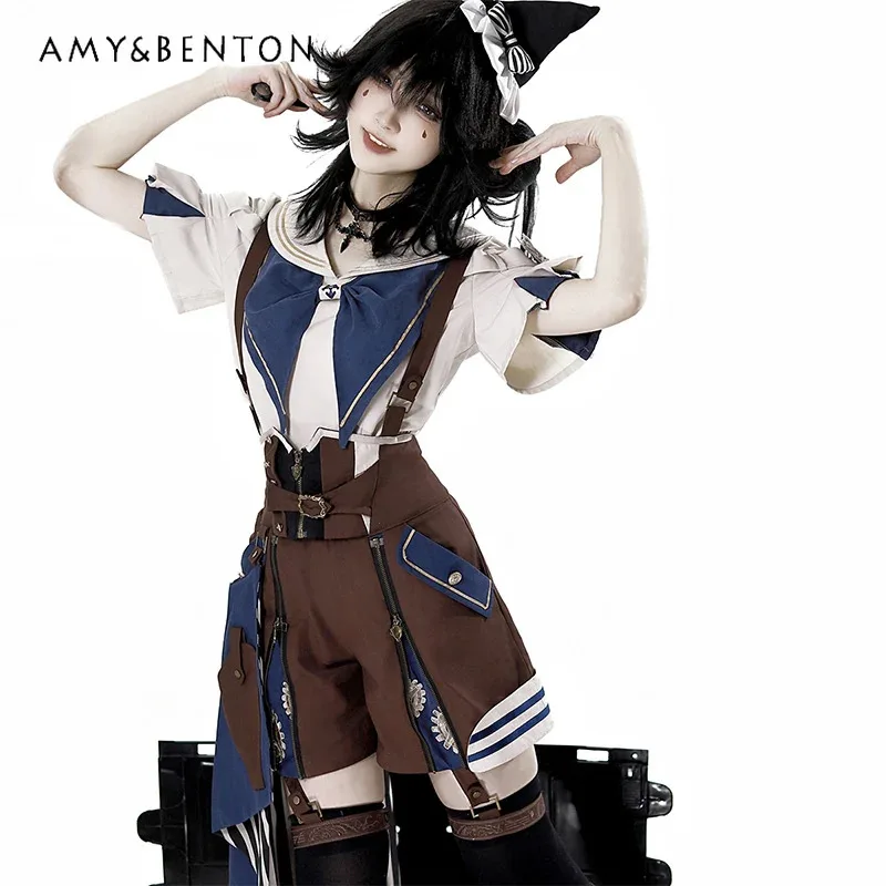 

Костюм принца в стиле ретро, милый крутой кукольный воротник в стиле Лолиты, рубашка с короткими рукавами, тонкие шорты на бретелях, готический комплект из двух предметов