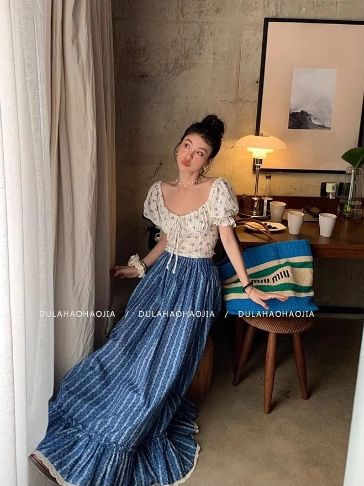 Vintage High Waist Blue White Striped Maxi Skirt Women Y2k Grunge A-line Spring Summer Long Skirt Lace Loose Mujer Skirts New