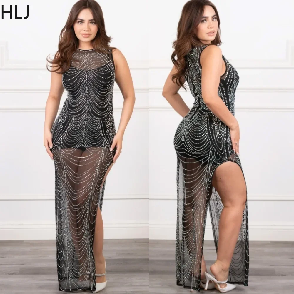 

HLJ Fashion Mesh Perspective Rhinestone Party Club Dresses Women Round Neck Sleeveless Slit Bodycon Vestidos Sexy Female Clothes