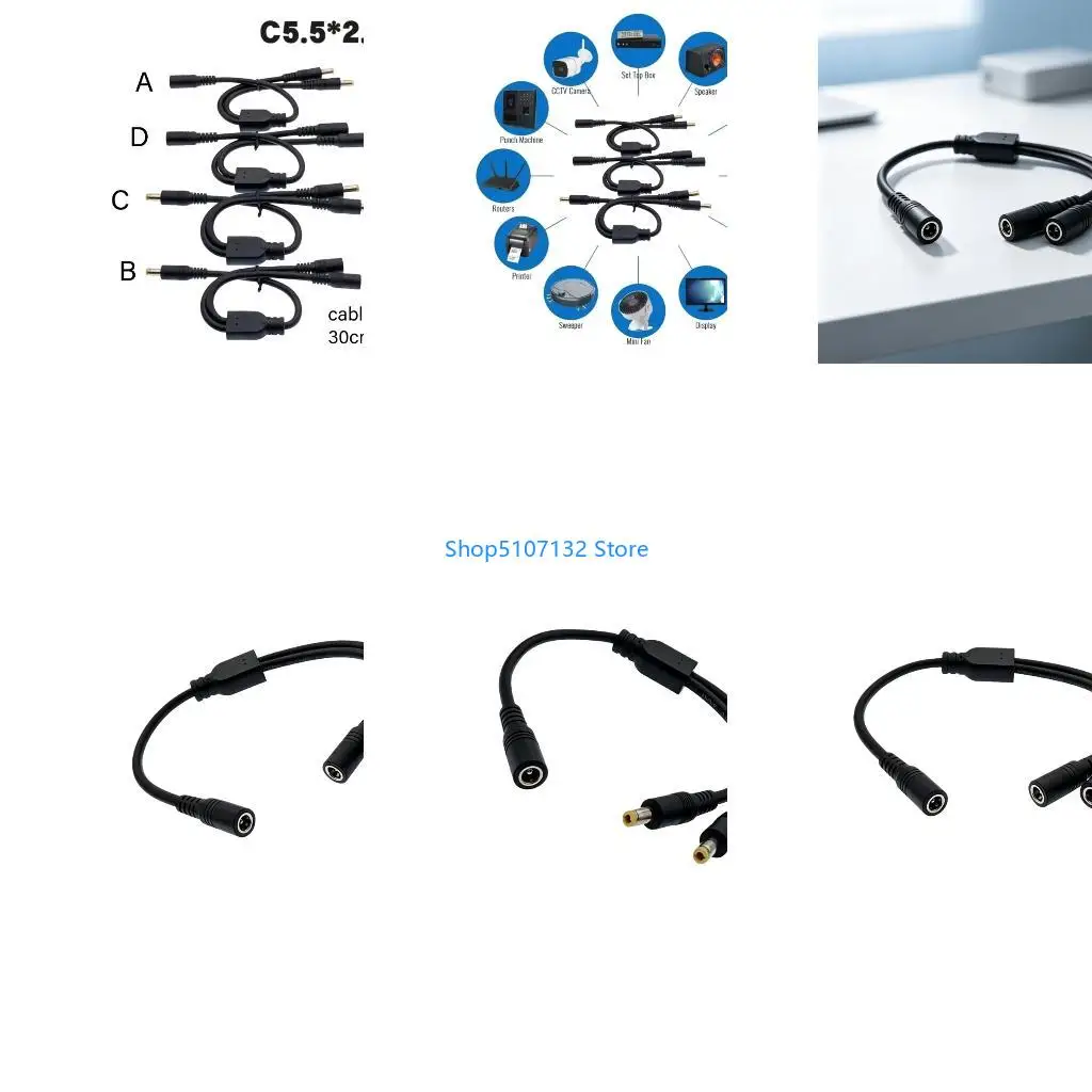 87HD 30cm Power Splitter Cord, 1 to 2 DC5525 Y Cable for Camera Accessories, Lighting Layouts, and Electronics Project Work