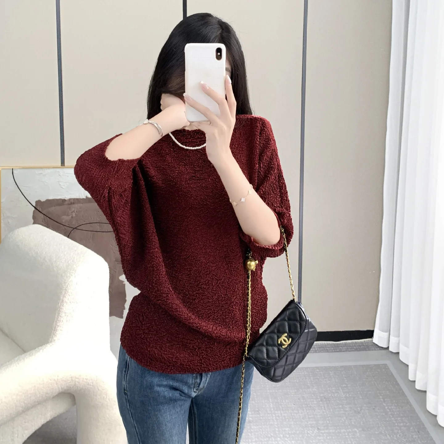 Pleats Handmade Messy Pleats Niche Design Sense Pleats Tops Women Fall Solid Color Loose Thin Half-sleeve T-shirt Women's