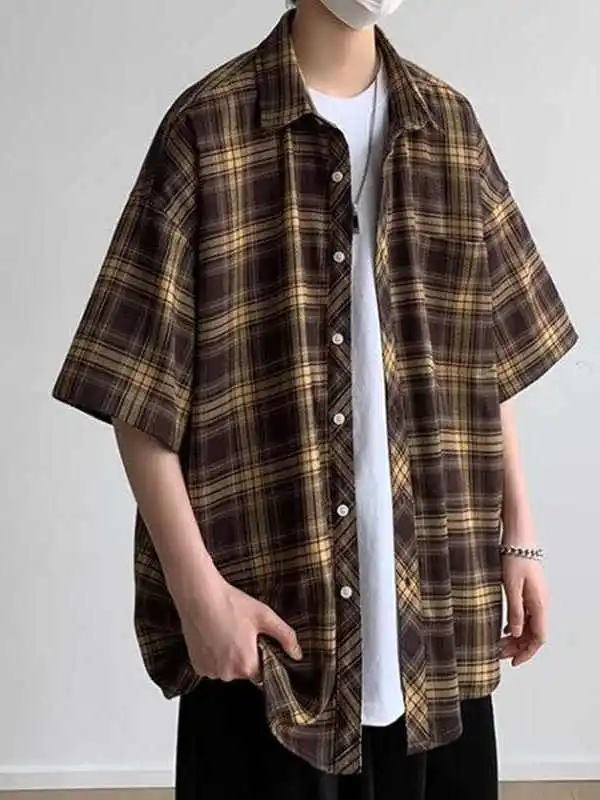 

American Retro Plaid Short Sleeve Shirt Loose Casual Summer High Sensation Cool Brand Men Women Half Sleeve Shirt Trendy