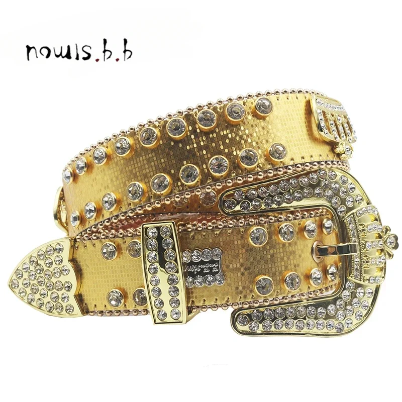 Brand Punk Dark Western Rhinestone Belts For Women Fashion Luxury Strap Diamond Bling Studded Men Belt Crown