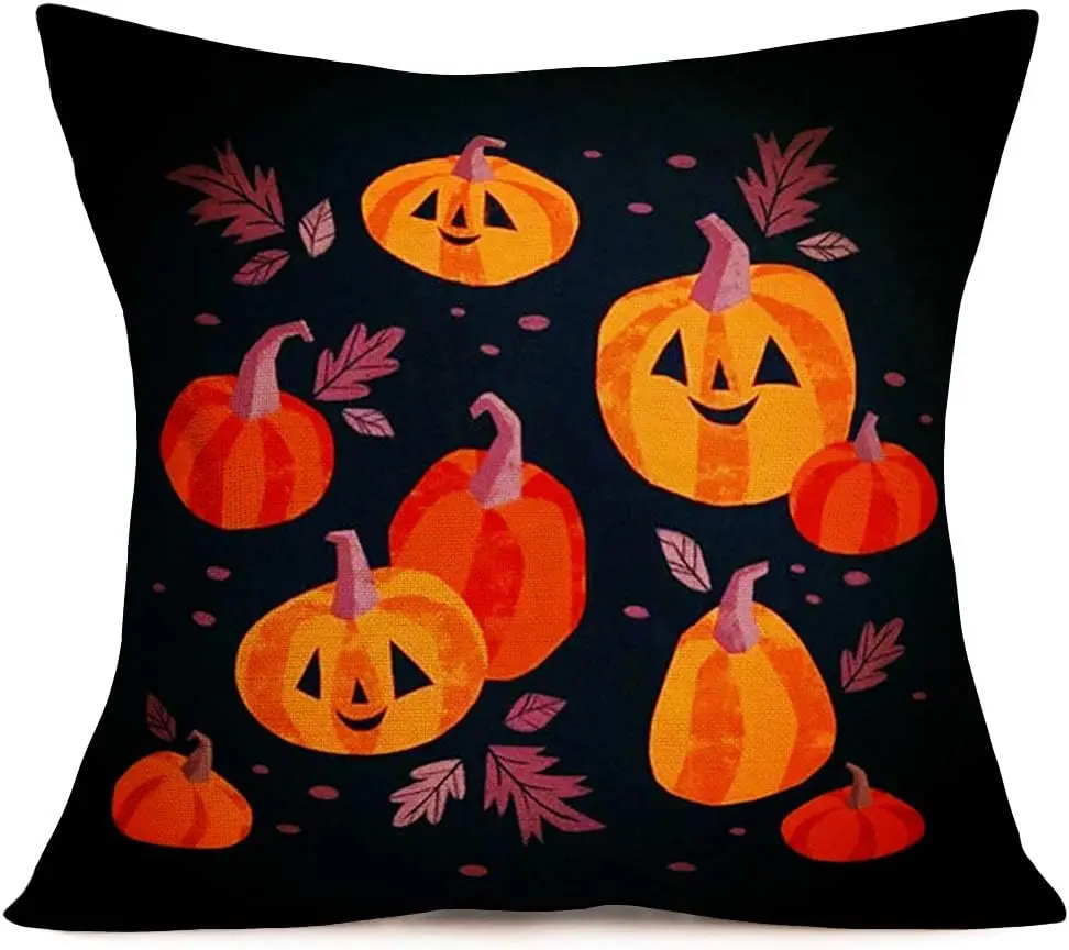 Halloween Party Throw Pillow Cover Cute Cat Pumpkin Maple Leaf Pillowcase Linen Square Cushion Cover Home Decoration