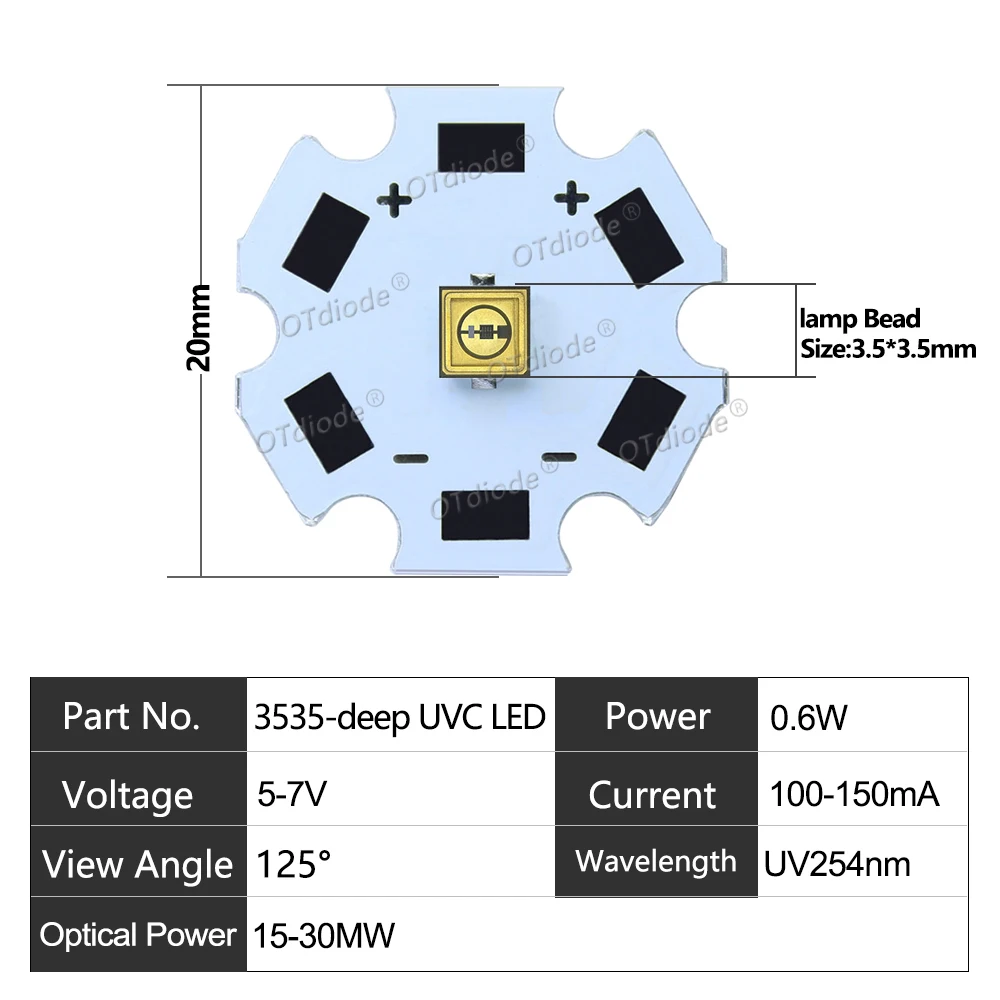 3535 254nm UVC LED Diyot SMD Yayan Çip 0.6W UV 250nm-260nm DC5-7V Yüzey Dezenfektan Sterilizasyonu için Ultra Violet Lamba