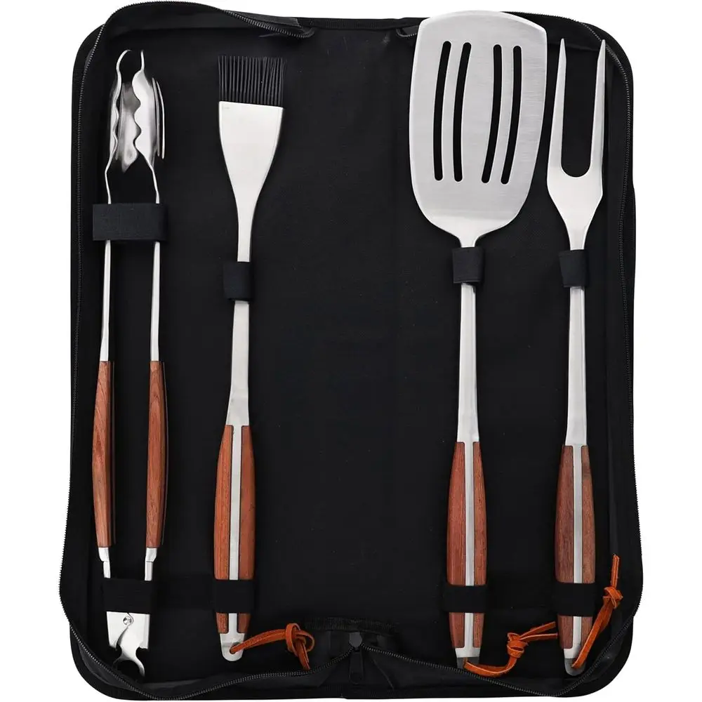 

Portable BBQ Set with 4 Stainless Steel Tools, Wooden Handles, and Carry Bag for Grilling and Competition Cooking