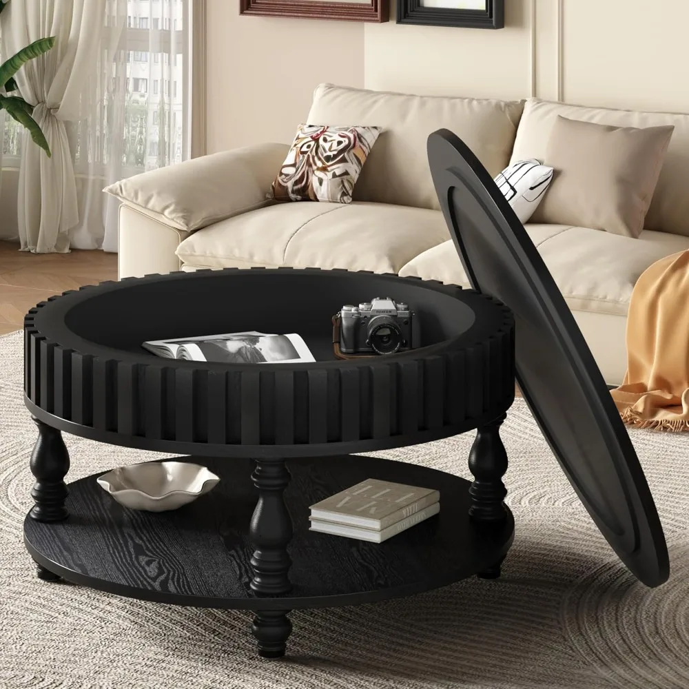 

31.49'' Round Wood Coffee Table with Storage 2-Tier Circle Fluted Coffee Tables Pottery Barn Country Rustic Center Tables