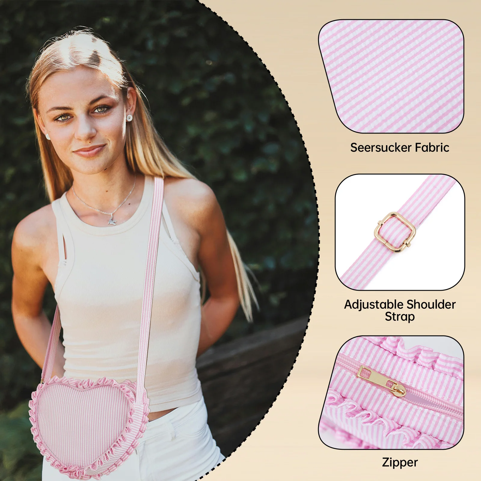 Ruffle Heart Shape Crossbody Bag Fashion Stripe Pink Girl Seersucker Zipper Sling Bags For Women Outdoor Travel Mini Purse